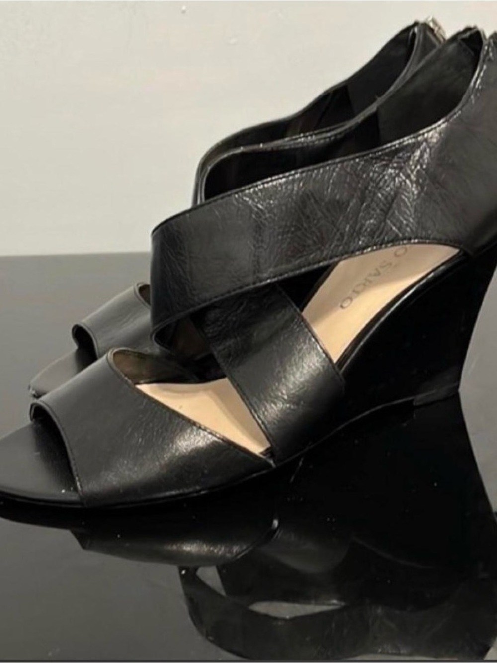 SARTO By Franco Sarto Black Leather Crisscross Wedge Sandals